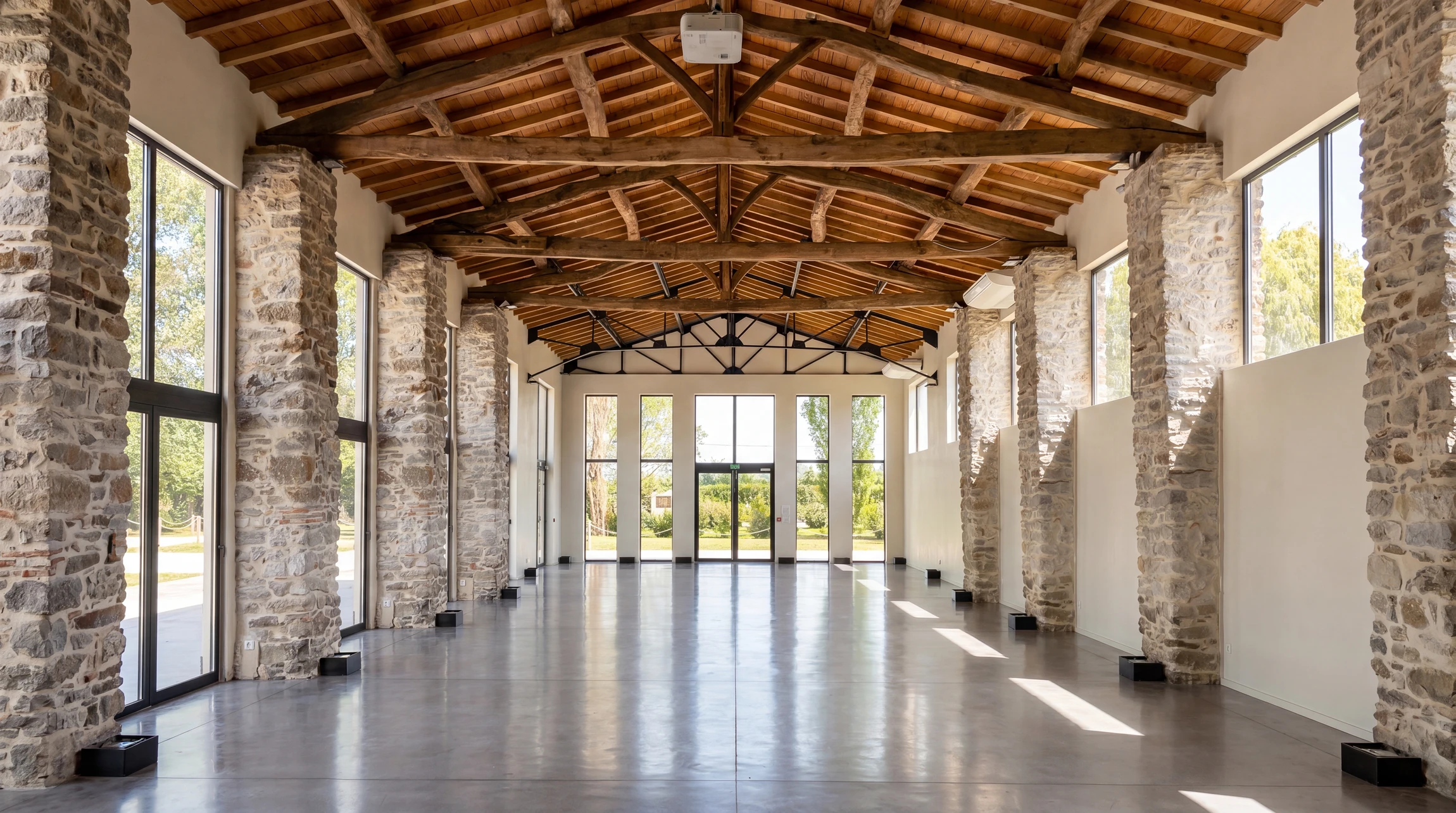 Vaste salle événementielle rénovée, vide, lumineuse
