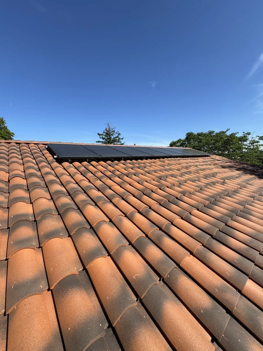 Entrée lumineuse rénovée, couloir avec sol en grand carrelage grès cérame blanc, fenêtre cintrée à arc en plein cintre avec menuiserie bois naturel et petits-bois, vue sur végétation