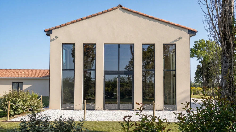 Façade extérieure d'une maison, fenêtre ouverte avec volets battants