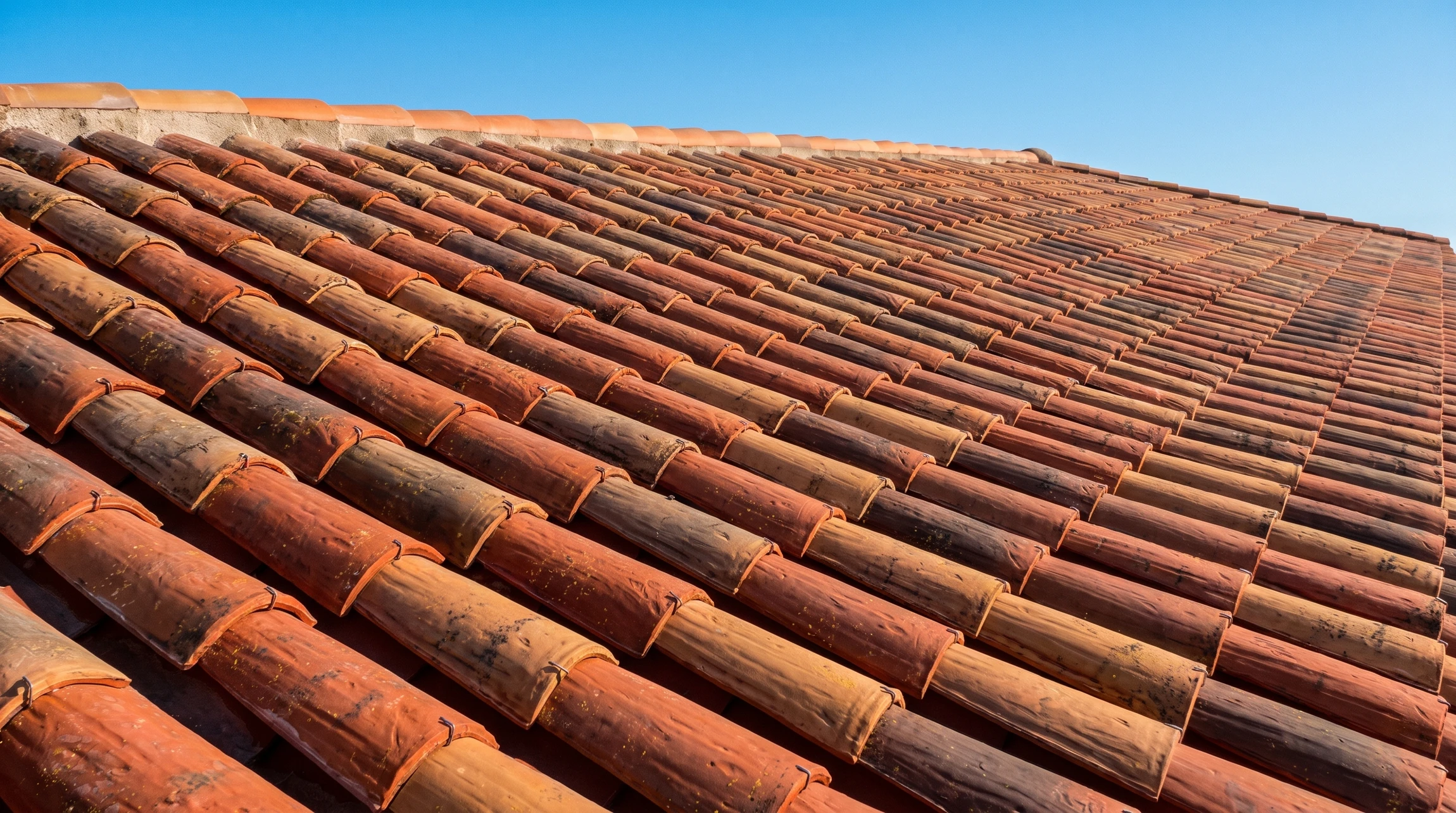 Toiture en tuiles canal présentant un contraste saisissant entre section neuve aux teintes terracotta uniformes et section ancienne patinée par les intempéries
