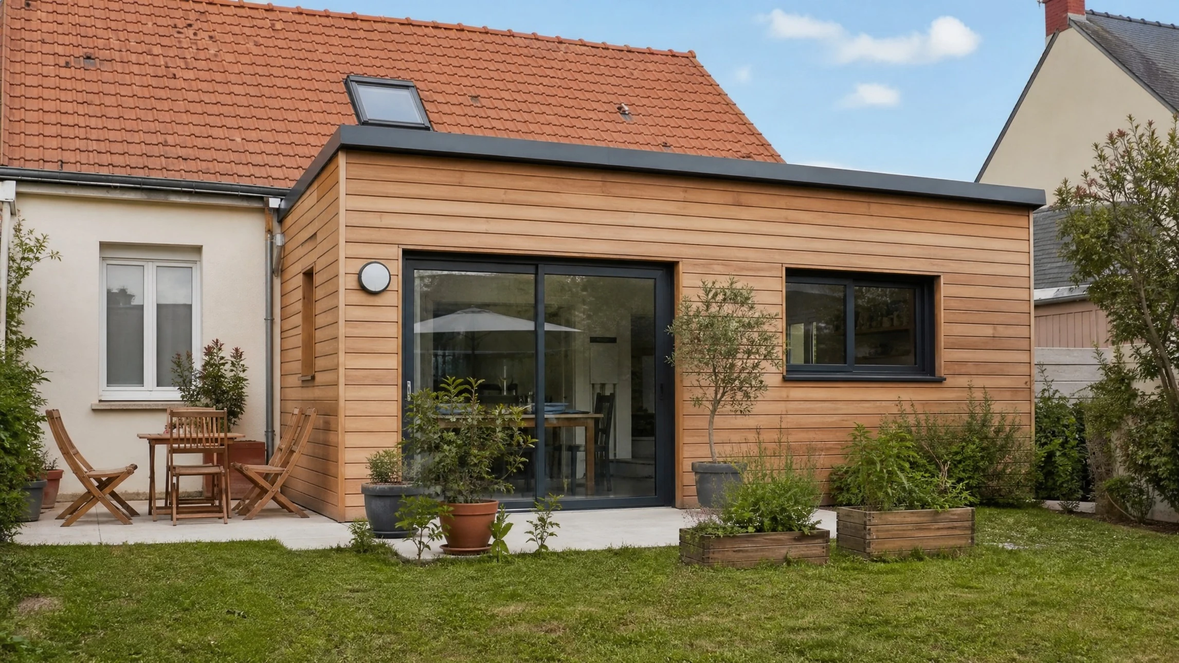 Extérieur résidentiel avec extension moderne attenante à maison en brique
