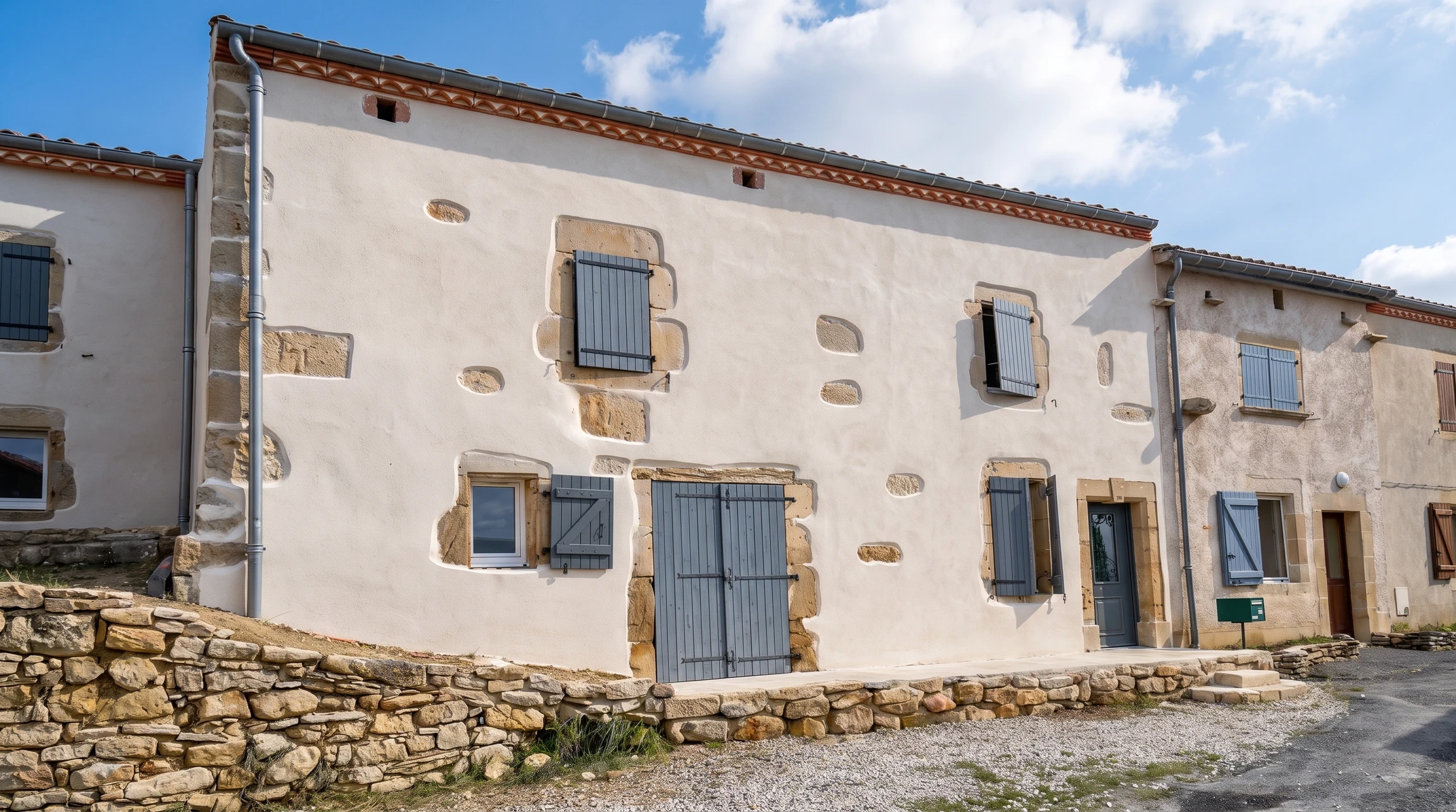 Bâtiment contemporain en enduit beige, toiture à deux pans en tuiles canal terre cuite