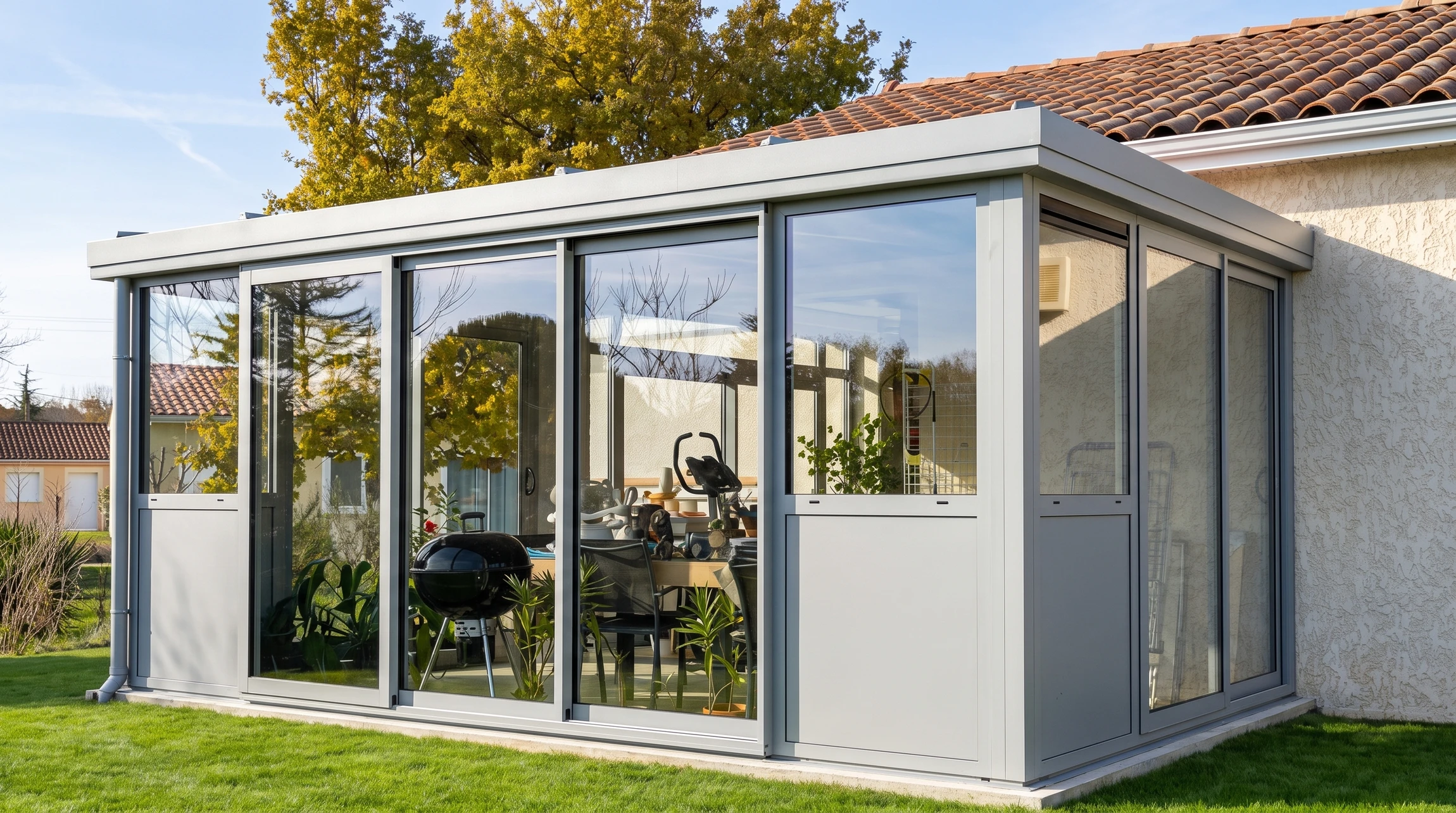 Villa moderne avec pergola bioclimatique en aluminium anthracite, terrasse en lames de bois composite, piscine à débordement rectangulaire