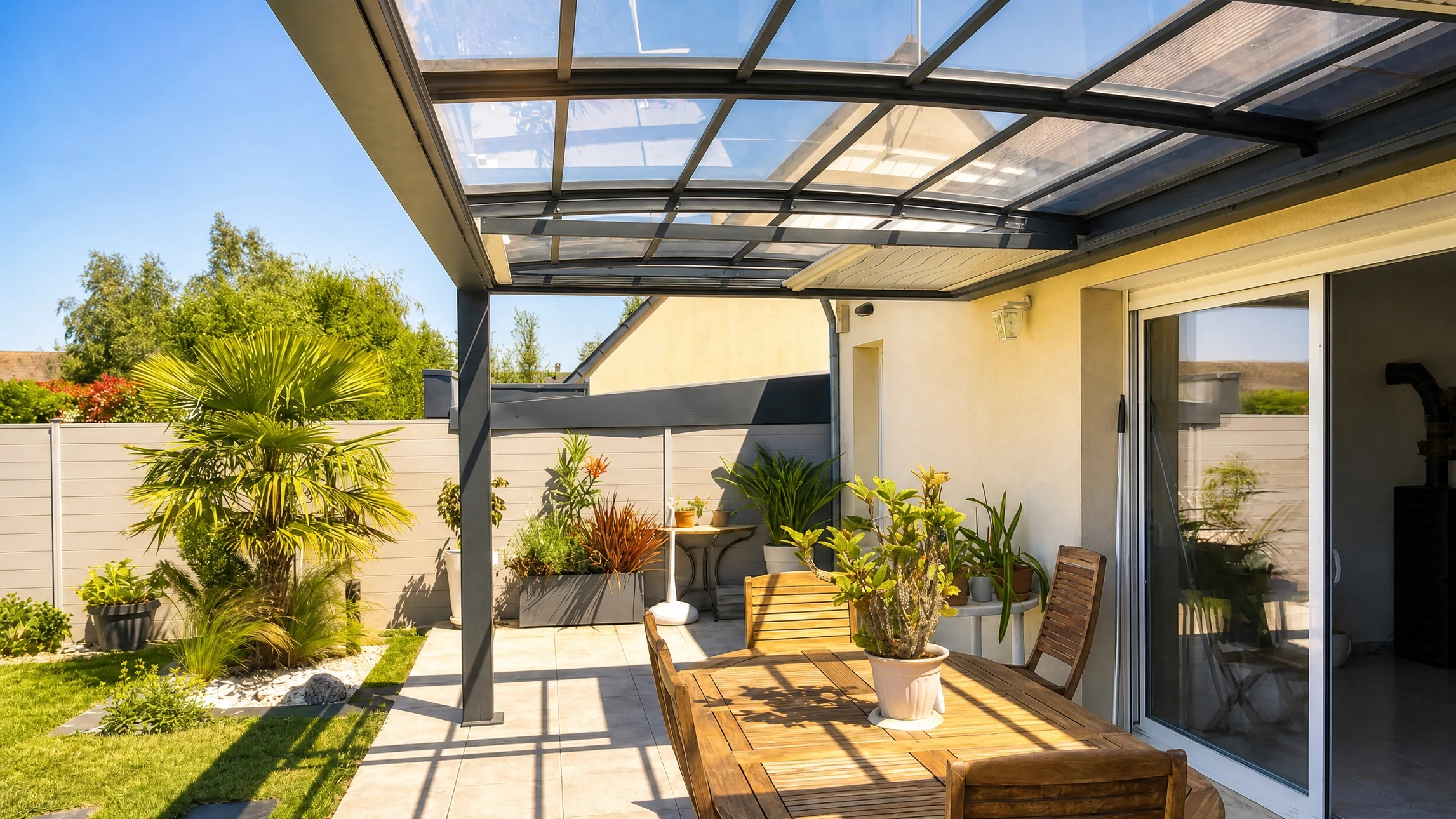 Villa moderne avec pergola bioclimatique en aluminium anthracite, terrasse en lames de bois composite, piscine à débordement rectangulaire