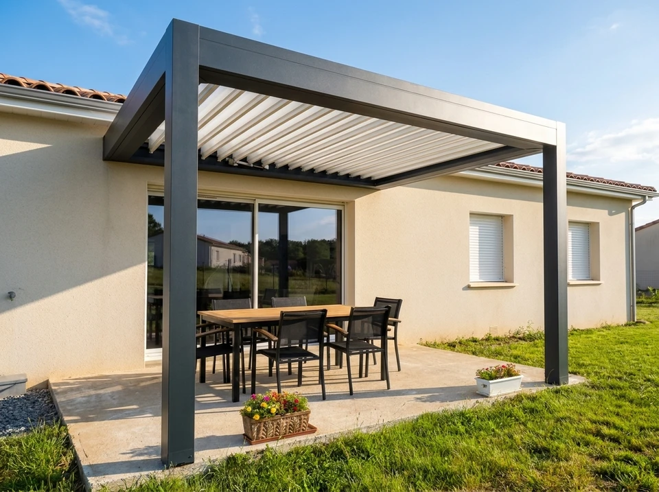Terrasse extérieure couverte avec pergola en bois, salon de jardin en résine tressée avec coussins colorés rayés, table basse ronde en cuir, coin repas avec chaises